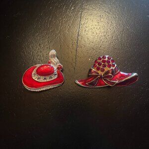 Two Vintage Red Hat Society Enamel Pins Rhinestones